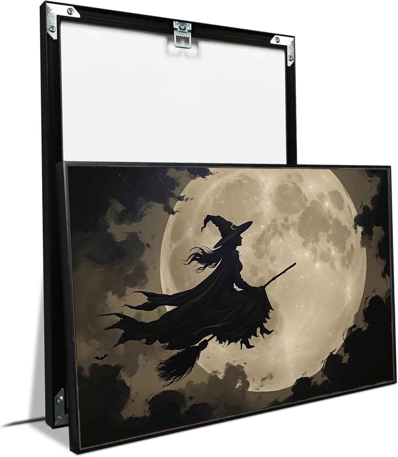 JFHCQJPK Full moon witch silhouette poster witch on magic broom Halloween mural poster decorative mural art suitable for home living room bedroom24x36in Metal blackFramed