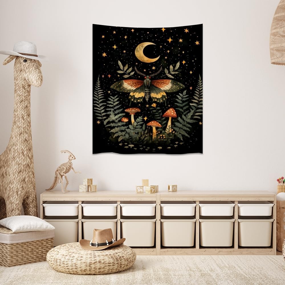 Mystical Moth Mushroom Tapestry Dark Academia Aesthetic Wall Hanging Decor Moon Star Witchy Print Butterfly Enchanted Forest Tapestries for Home Bedroom Living Room Office Decor 30x40inch