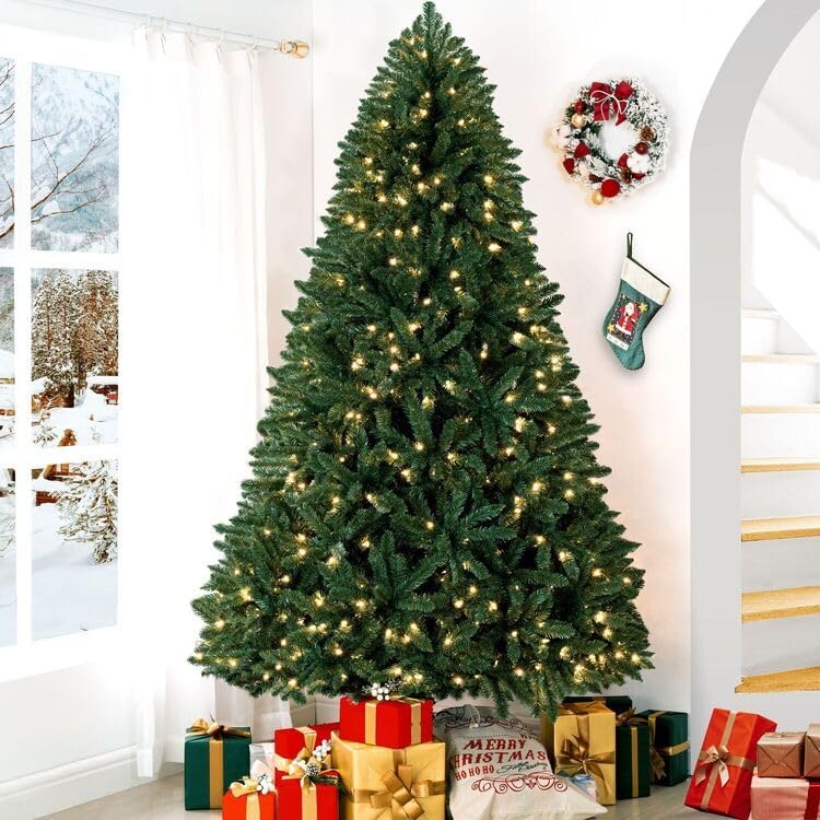 Naomi Home 7.5ft Christmas Tree with Lights Realistic Spruce Christmas Tree Prelit with Foot Pedal 1717 Branch Tips 550 Warm Lights and Metal Stand Aritificial Tree +ürbol De Navidad