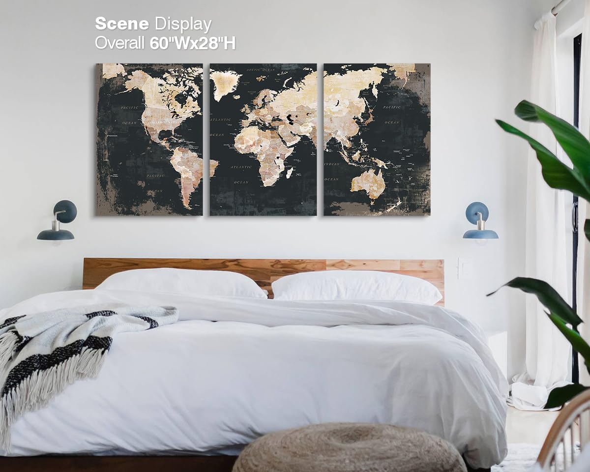 Bedroom Wall Decor Black Wall Art for Living Room Pictures Office Decor for Men World Map for Wall Inspirational Canvas Paintings Framed Artwork