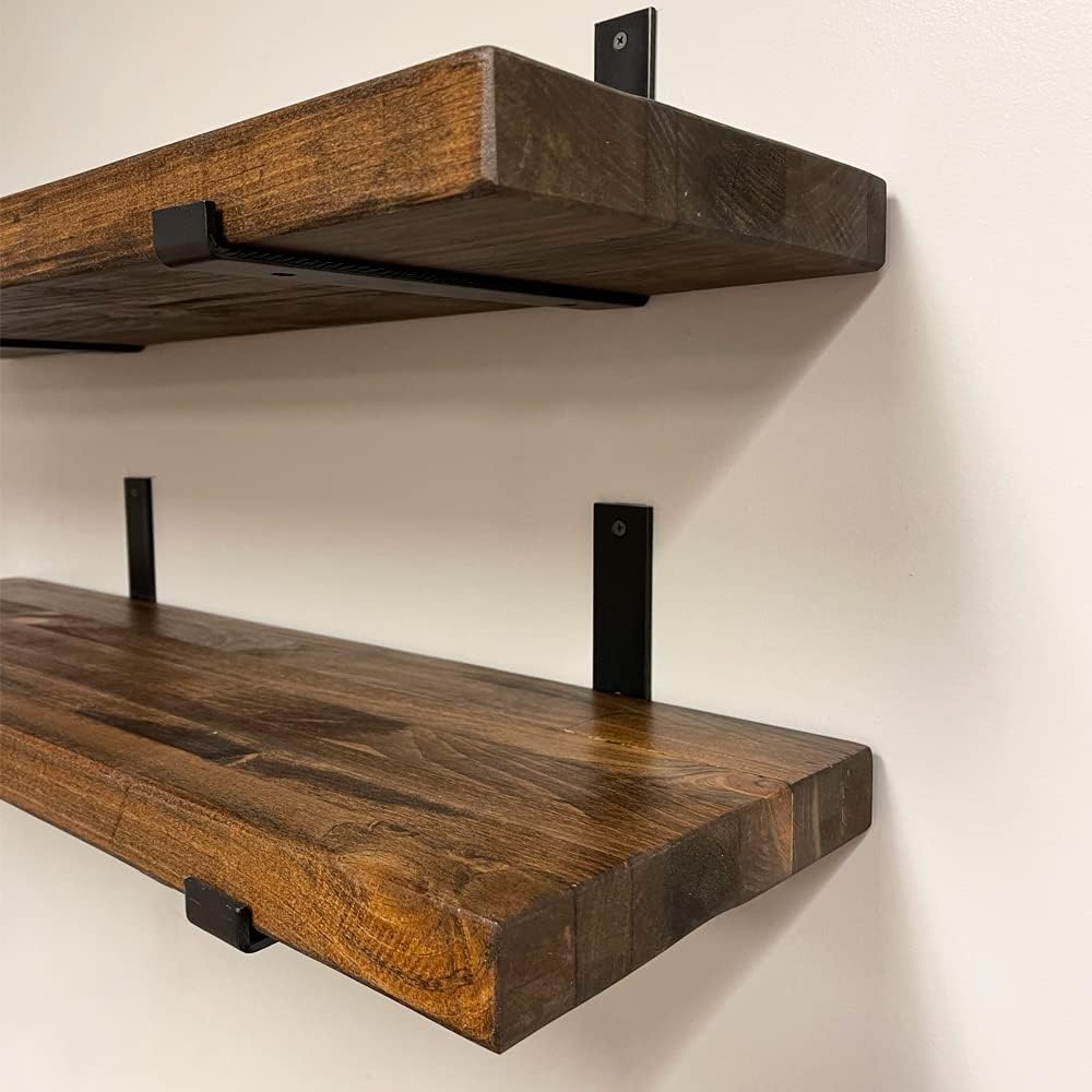 Rustic Shelves with J-Brackets Set of 2, Industrial Shelf, Kitchen Shelves, Solid Wood, Decorative Wall Storage, Heavy Duty, URBANDI (Provincial, 24Wx12D)