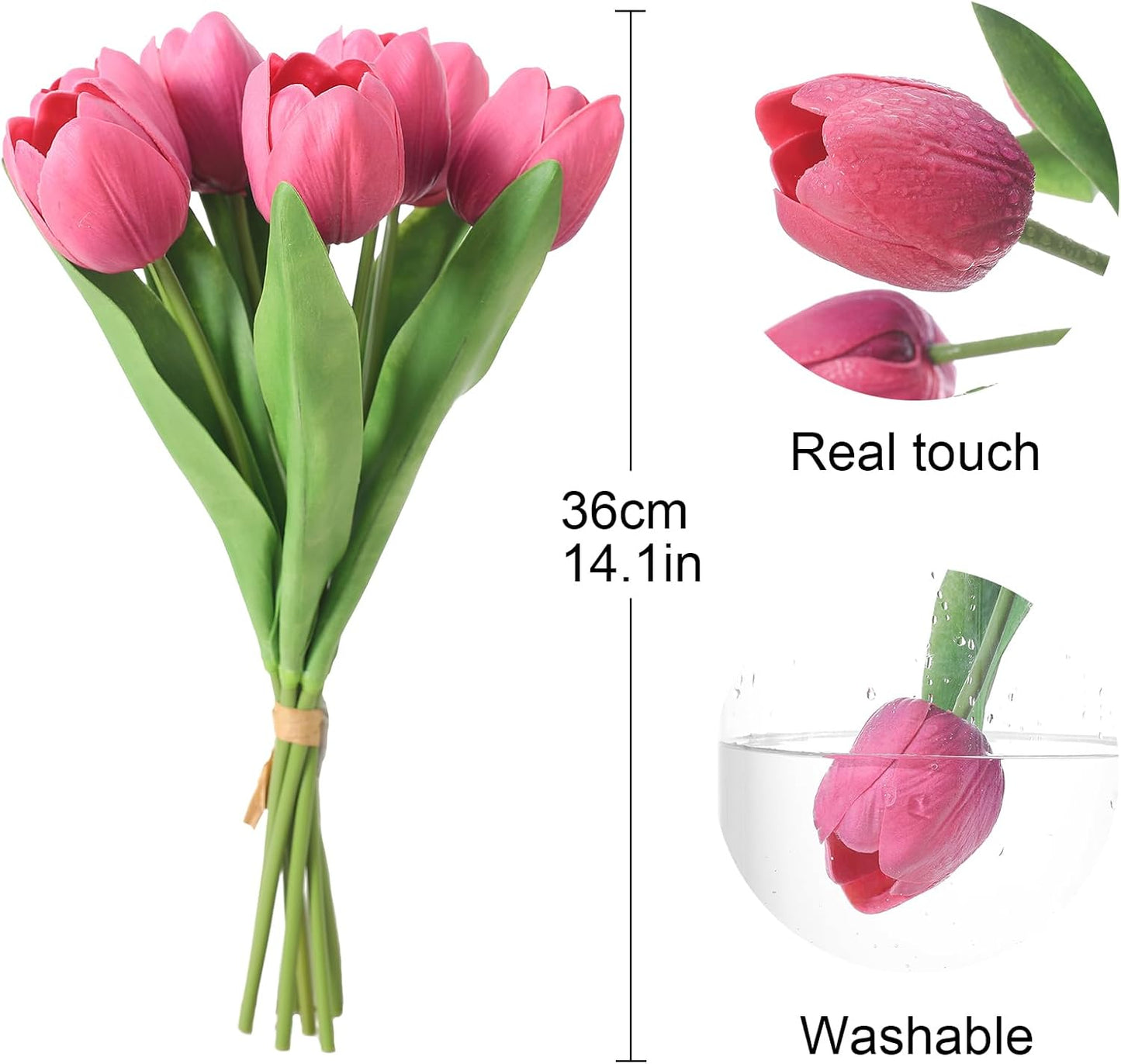 Deep Pink Artificial Tulips, 2 Bundles 14Pcs, Fake Tulips Artificial Flowers, 2 x 2.4 Inch Large Flower Head Big Tulip, Easter Valentine's Day Mother's Day Home Decoration Flowers