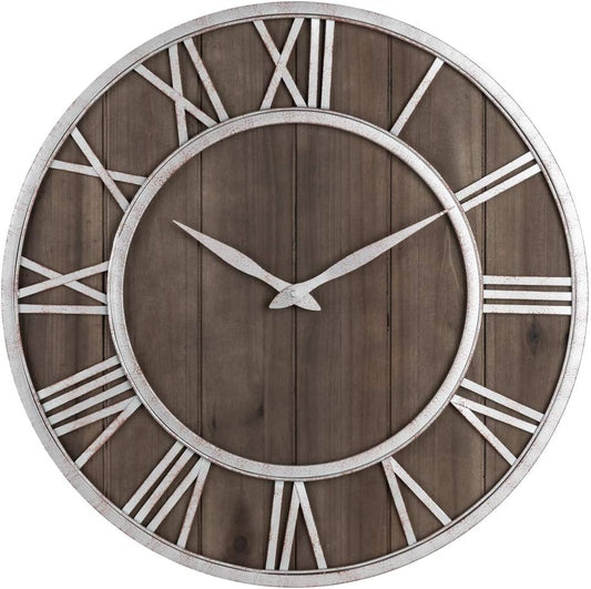 Oldtown Farmhouse Metal & Solid Wood Noiseless Wall Clock (Dark Brown, 18-inch)