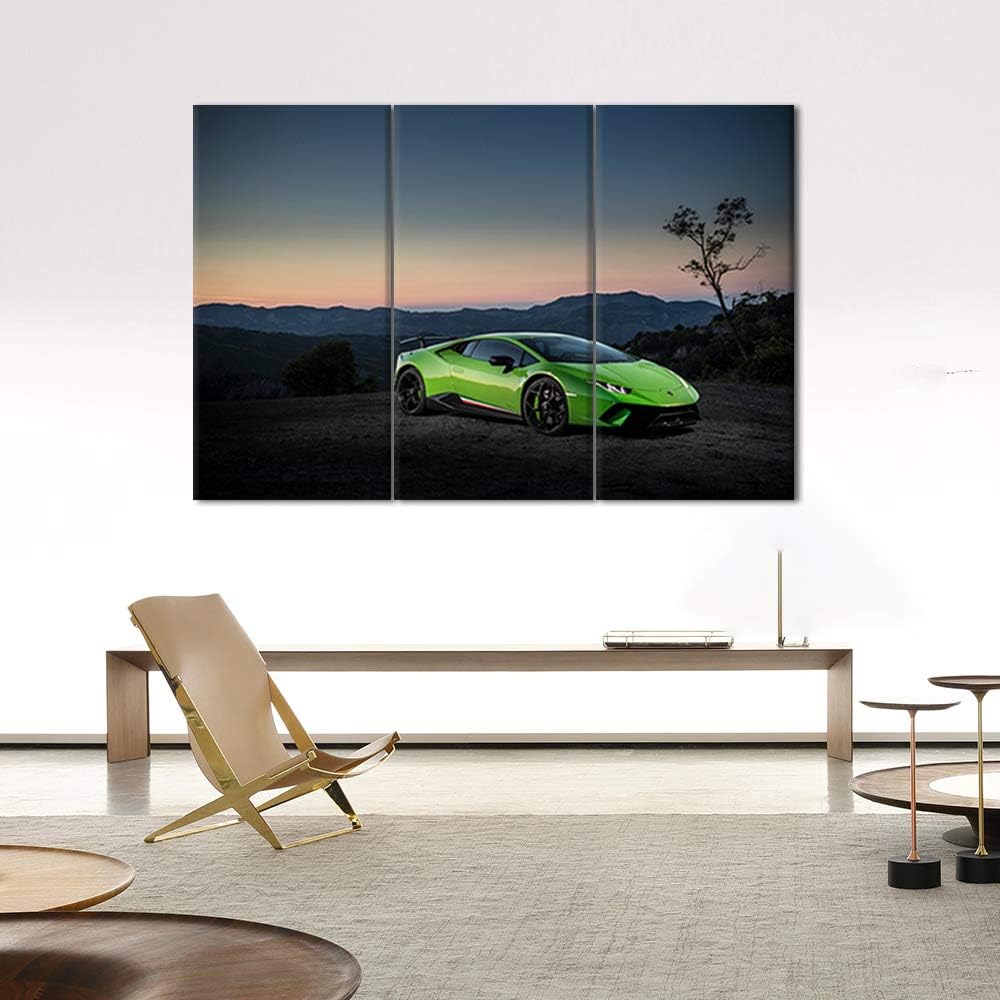 Green Sports Car On Mountain Top and Skyline Wall Art Painting The Picture Print On Canvas Racing Car Pictures for Home Decor Decoration Gift - 28 x 14inch x 3 Panel