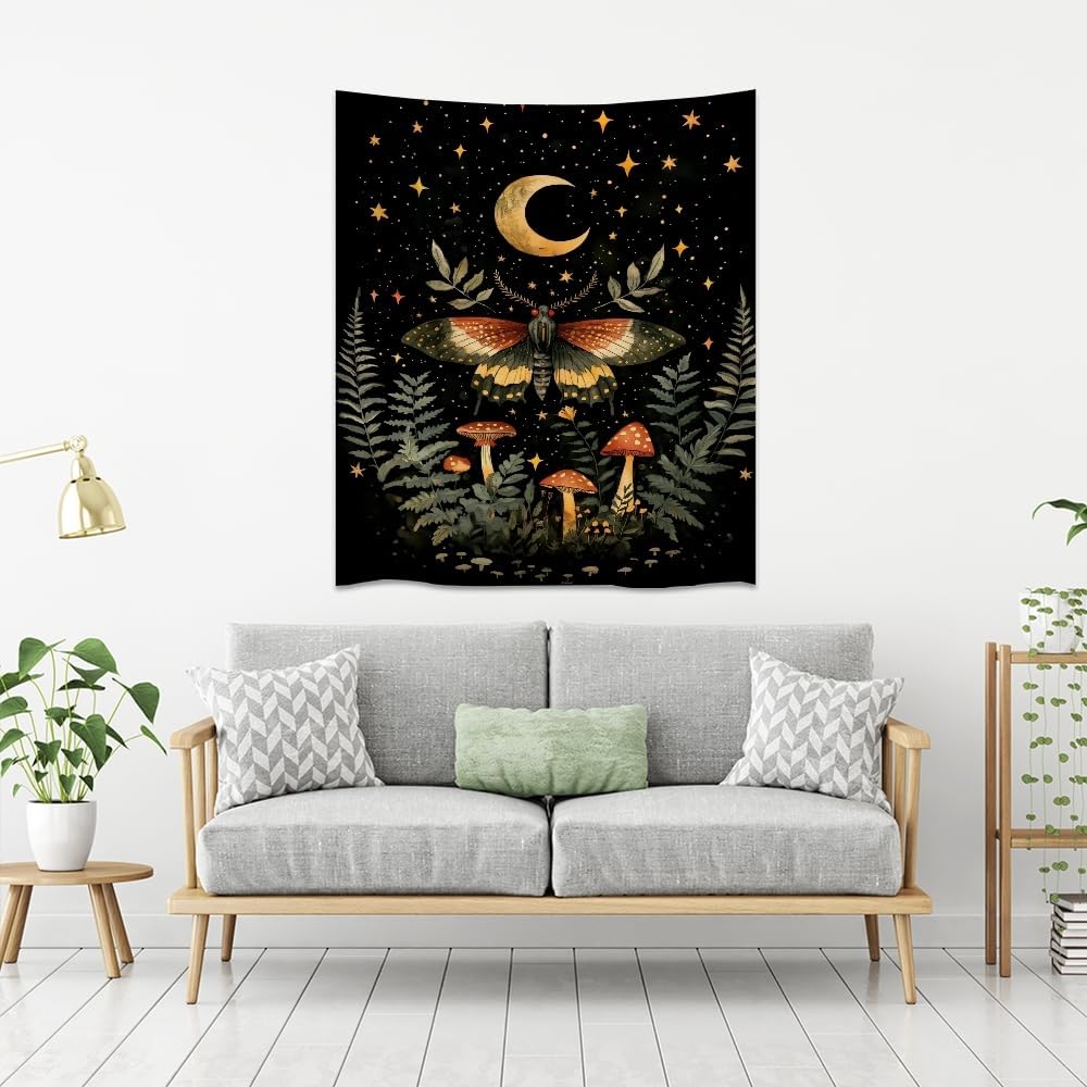Mystical Moth Mushroom Tapestry Dark Academia Aesthetic Wall Hanging Decor Moon Star Witchy Print Butterfly Enchanted Forest Tapestries for Home Bedroom Living Room Office Decor 30x40inch