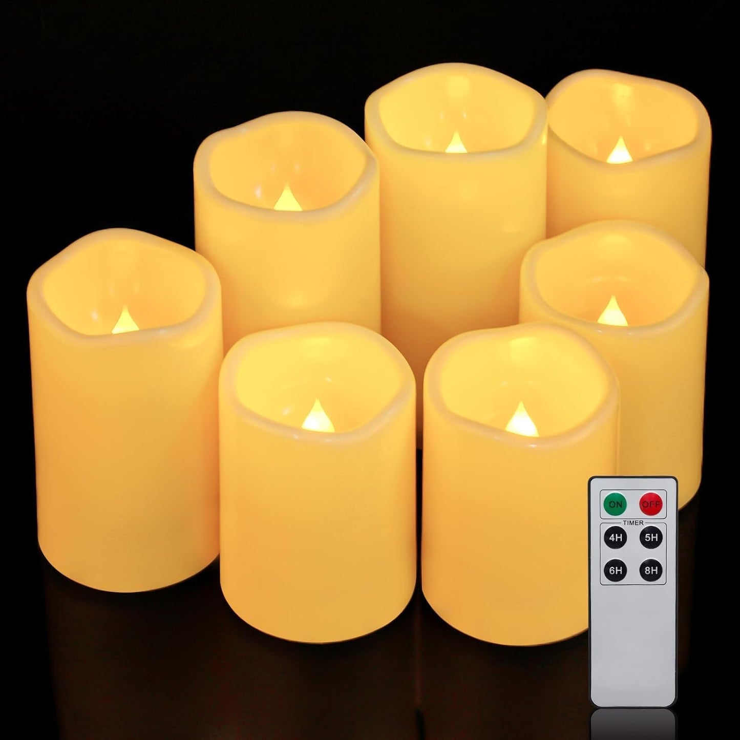 Aignis 7pcs Flameless LED Candles Battery Operated with Remote Timer, Outdoor Indoor Waterproof, Warm Glow for Cozy & Romantic Home/Wedding/Holiday Décor (D 3'' x H 4''/5''/6'')