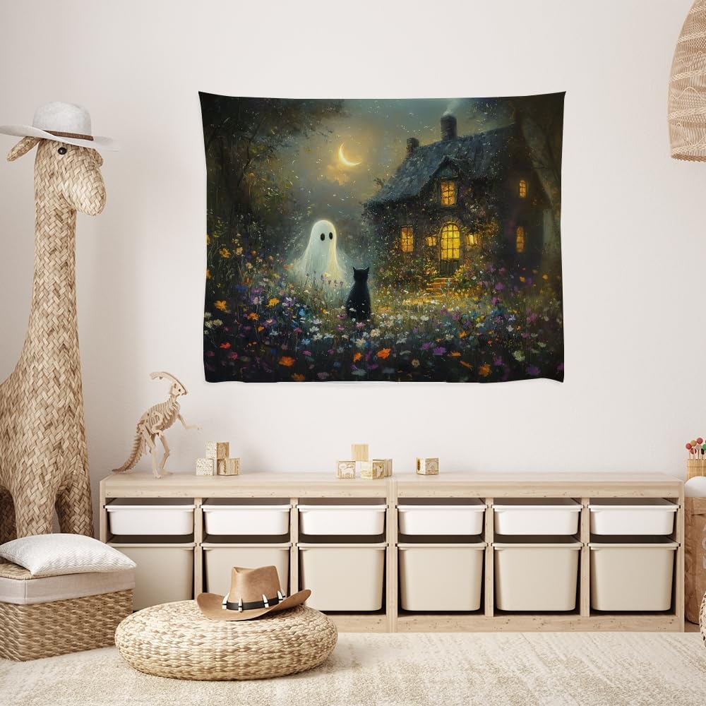 Halloween Black Cat and Ghost Tapestry Wall Hanging for Spooky Cute Bedroom Decor Dark Academia Moon Wildflower Cottage Tapestries Aesthetic for Home Living Room Decoration 50x60inch