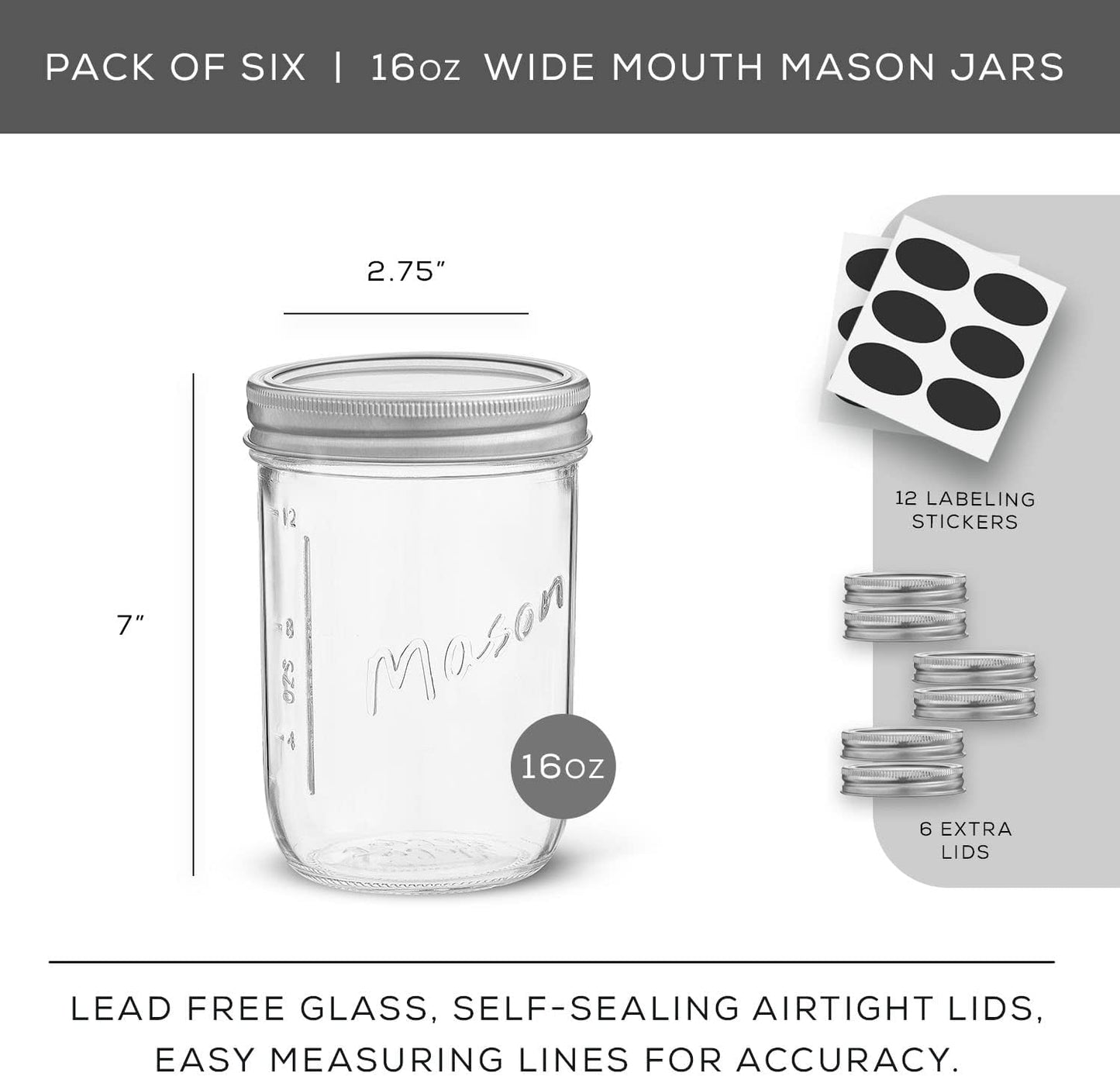 JoyJolt 16 Oz Mason Jars With Lids, Labels and Measures! 6-Pack Wide Mouth Mason Jars, Glass Jar with Lid and Band. Airtight Canning Jars, Overnight Oats Jars, Salad Jars, Sourdough Starter Jar