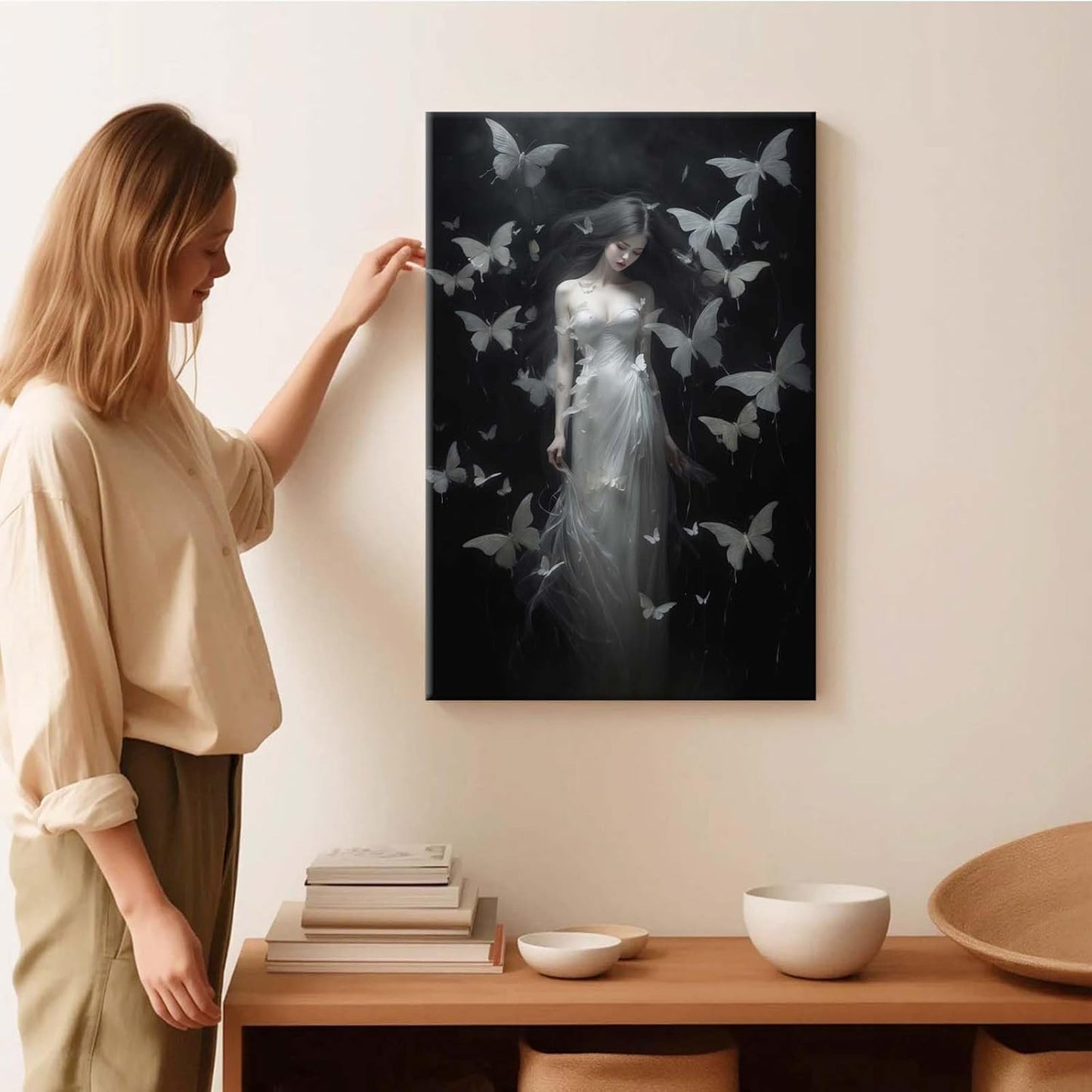 Vintage Gothic Feminine Canvas Wall Art Print Butterfly Poster Moody Female Wall Art Retro Artwork Dark College Decor for Home Bedroom20x30in Wood Framed
