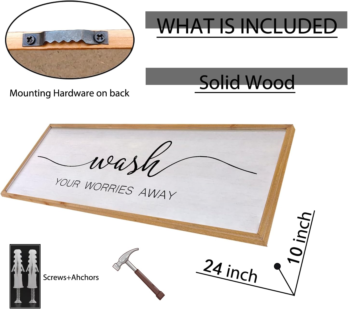 Wash Your Worries Away Bathroom Wall Art 24×10 Inch Wood Framed Decor Funny for Laundry Room Restroom Modern Rustic Inspirational Sign (Wood)