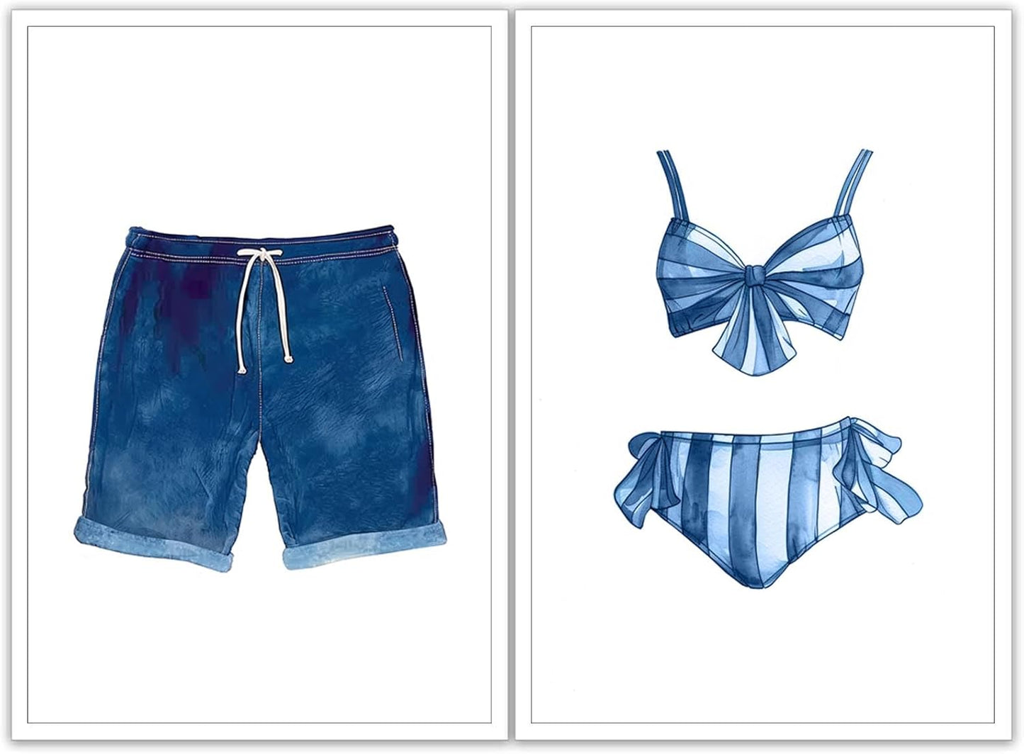 Liyark Set of 2 Retro Navy Blue And White Swimsuit Art Posters Beach Bathing Suit Prints Painting Beach House Wall Art Coastal Wall Decor Pictures For Bathroom Home Decoration 16x24in Unframed