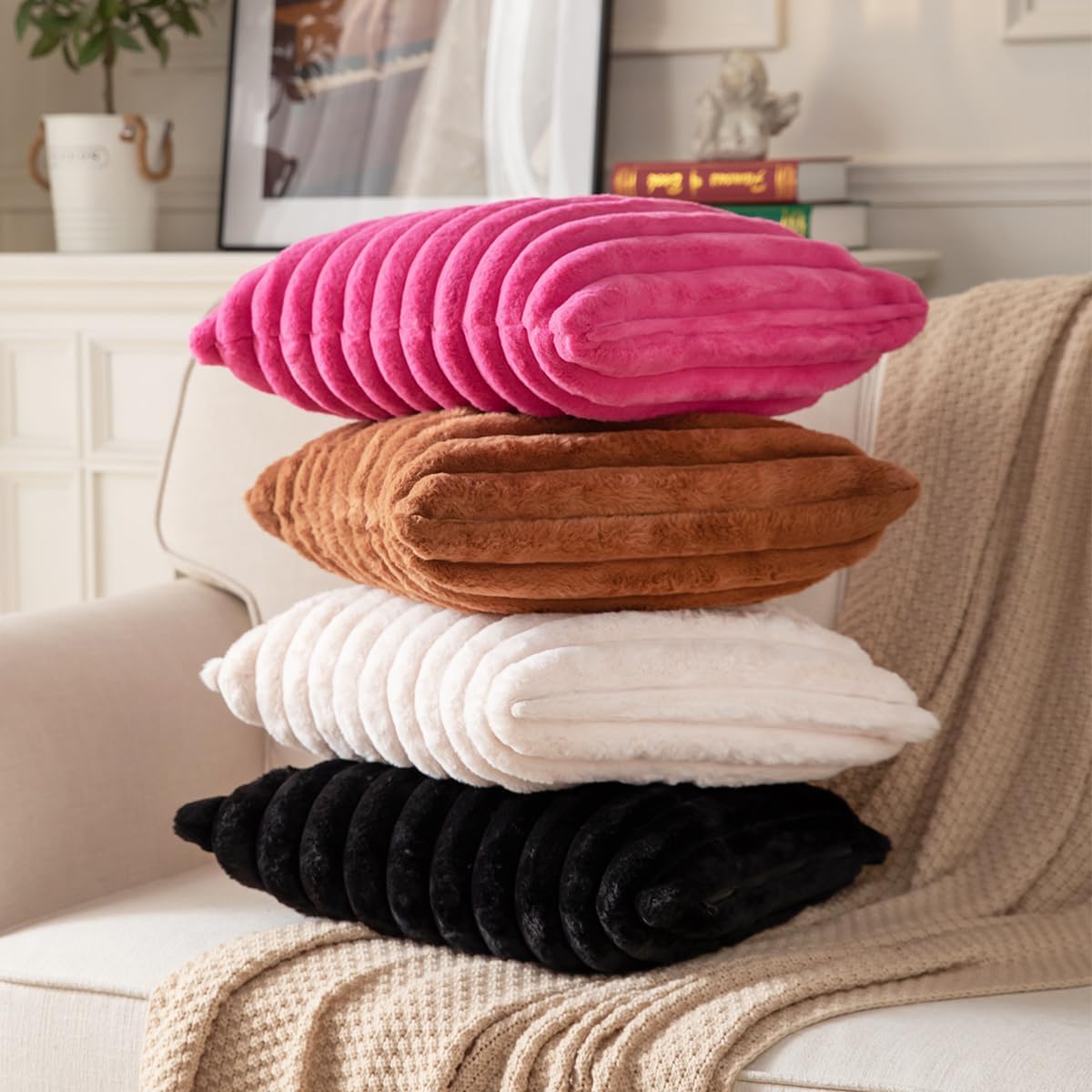 DEELAND Pack of 2,Double-Sided Faux Fur Plush Decorative Throw Pillow Covers Fuzzy Striped Soft Pillowcase Cushion Covers for Sofa Couch Bedroom Black 16x16 inch