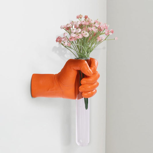 Orange Wall Sculptures, Hand Vases Home Decor, Wall Mount Art Sculpture, Unique Wall Art Statue, Funky Flower Vase Decorations, Modern Eclectic Hanging Decor,Glass Test Tube Vase (Orange)