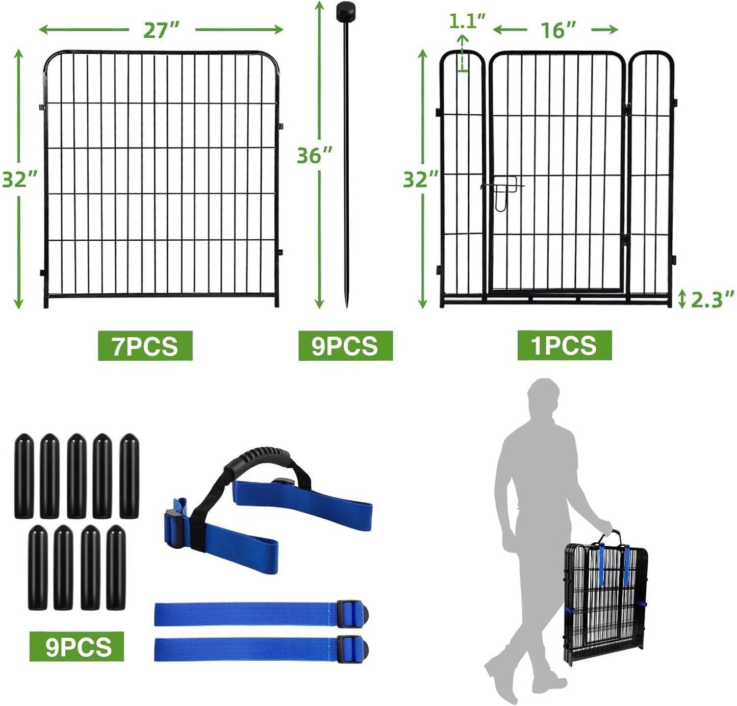 ADAVIN 32 in(H) Garden Fence with Low Threshold Gate, 8 Panels Total 17.7 Ft(L) Tall Garden Fencing for Raised Beds, Outdoor or Indoor Dog Playpen, Black Iron Metal Heavy Duty Dog Fencing