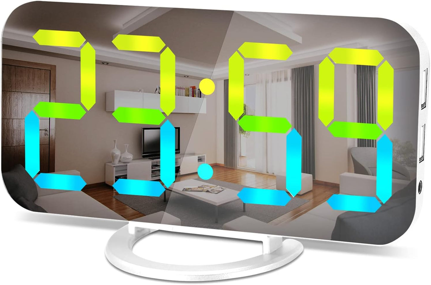 SZELAM Digital Alarm Clock,LED RGB Colorful Clocks,with Mirror Surface Large Display,2 USB Charger Ports,Auto Dimming,Modern Desk Clock for Bedroom Home Office Decor- White