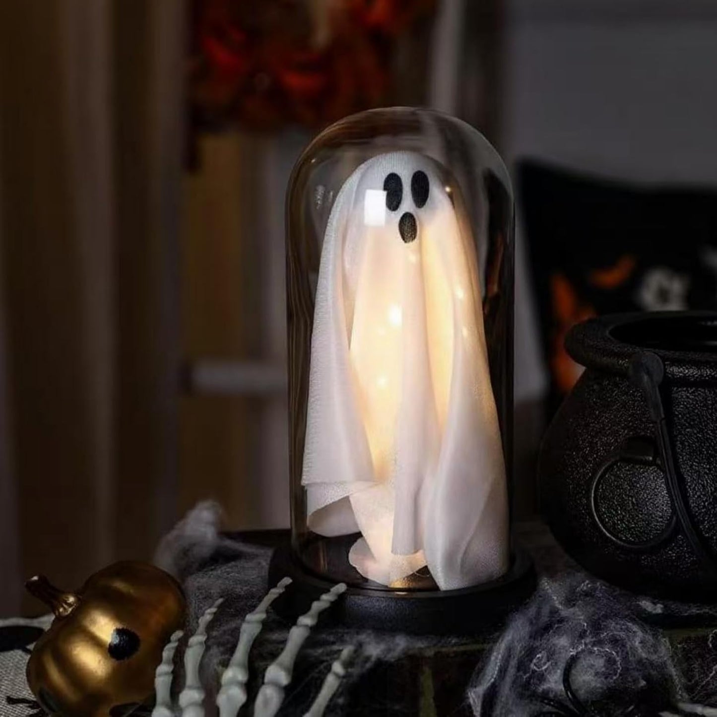 Light Up Ghost in Glass Cloche,Halloween Decorations Indoor,Cute LED Ghost Decor for Mantel,Tabletop,Cute Decorative Ornaments Suitable for Halloween Parties and Festivals(Warm Light,PVC Cover)