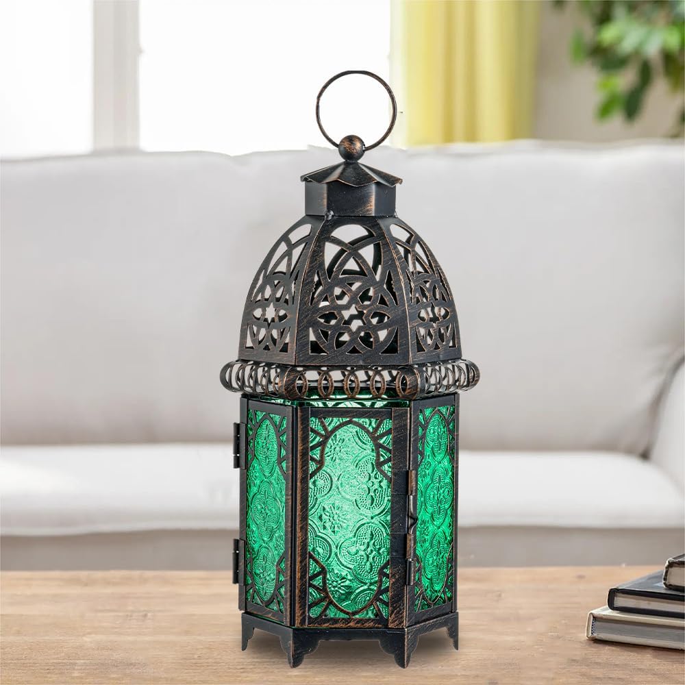 NEEDOMO Hanging Moroccan Lantern, 12.8'' Vintage Candle Holder, Metal Lanterns Decorative Indoor Outdoor, Table, Patio, Porch, Shelf, Gothic Home Decor (Green, Large Size)