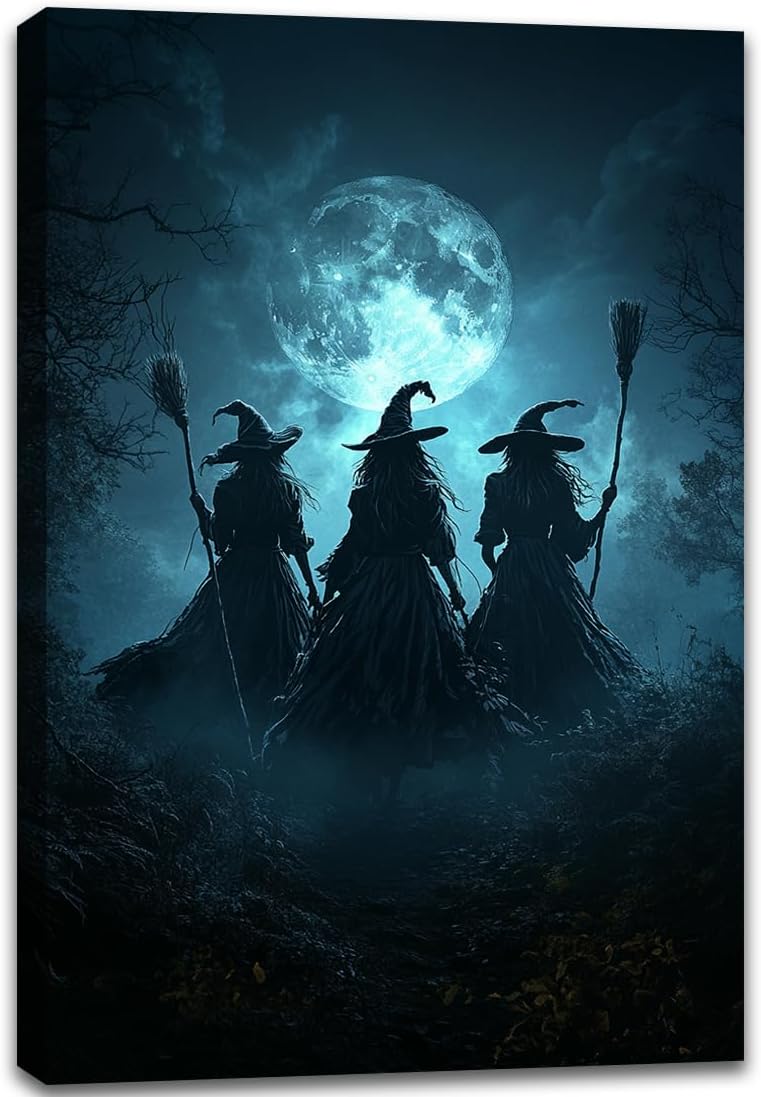 Moonlight Witches Halloween Canvas Art Picture,Three Witches on Broom in Forest Painting Print Gothic Decor,Halloween Witch Poster Witchy Room Aesthetic Bedroom Home Decorations,12"x18" Framed