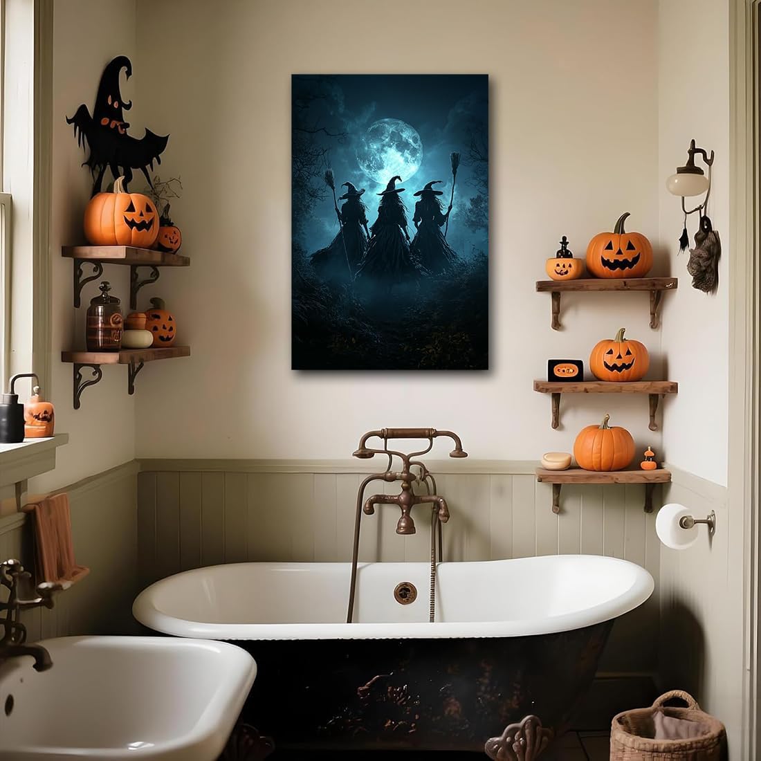 Moonlight Witches Halloween Canvas Art Picture,Three Witches on Broom in Forest Painting Print Gothic Decor,Halloween Witch Poster Witchy Room Aesthetic Bedroom Home Decorations,8"x12" Framed