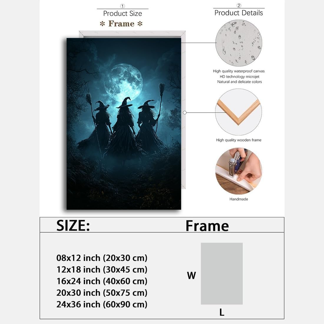 Moonlight Witches Halloween Canvas Art Picture,Three Witches on Broom in Forest Painting Print Gothic Decor,Halloween Witch Poster Witchy Room Aesthetic Bedroom Home Decorations,16"x24" Framed