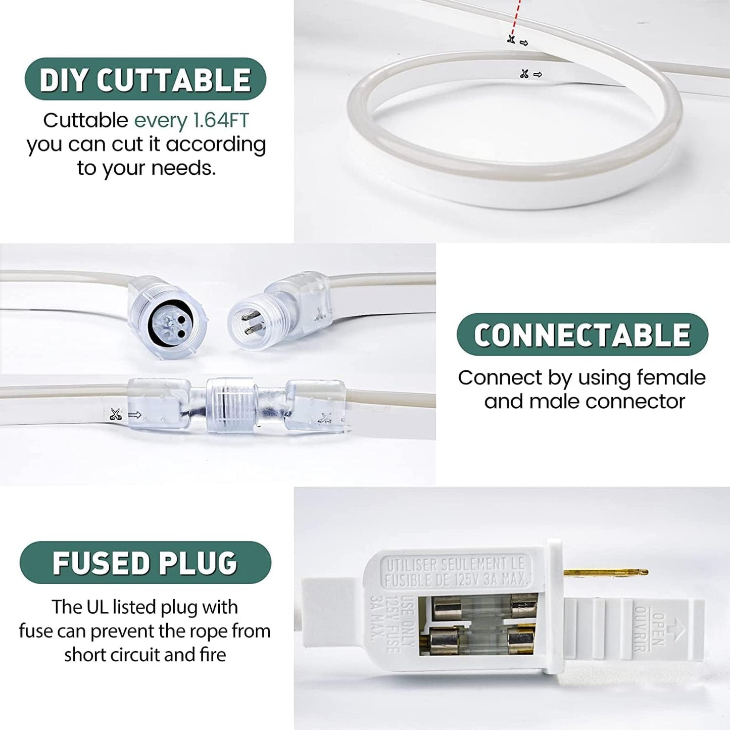 GZBtech Flexible LED Neon Rope Lights 16.4FT,AC 110-120V Waterproof Strip Light, 120 LEDs/M Cuttable Connectable Neon Lighting for Indoor Outdoor Home Decor/Commercial Building Use-Green 5M