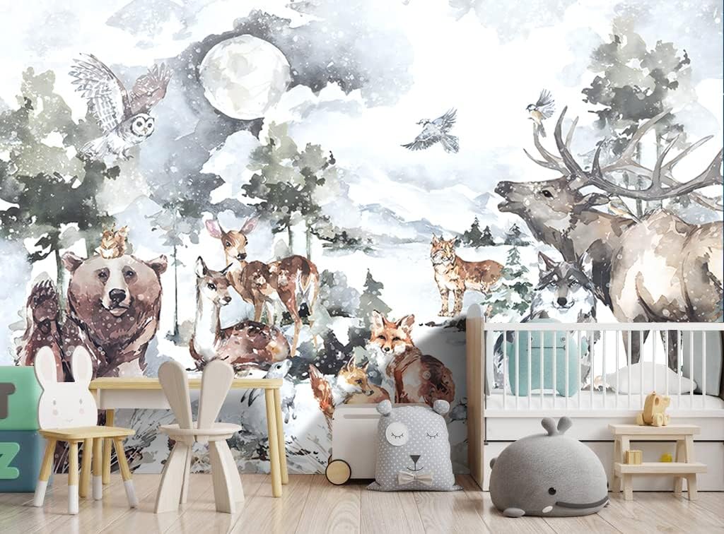Boys or Girls Cartoon Watercolor Animals wallpeper Nursery Kids Bedroom Wall Mural - 160"x108"（Not Peel and Stick）