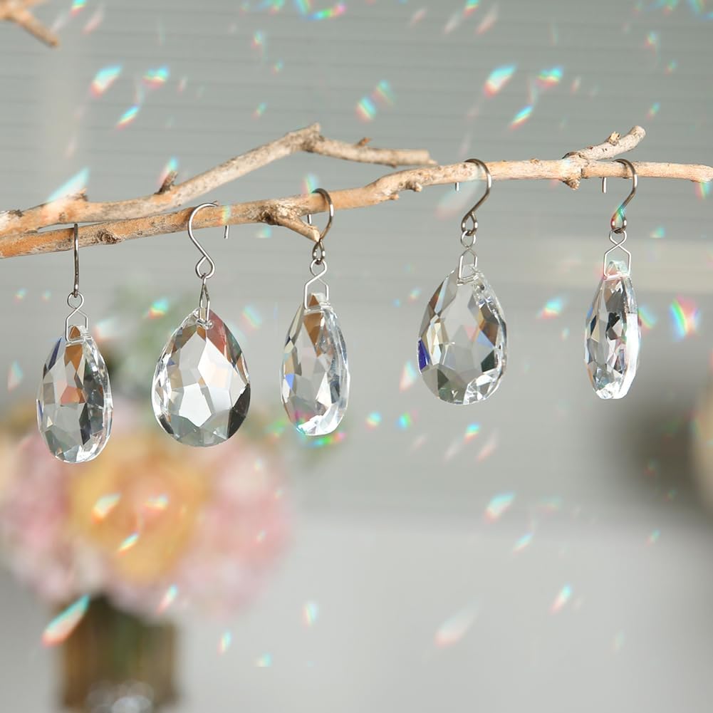 10pcs 38mm Crystal Suncatcher, Hanging Clear Teardrops Crystals Chandelier Parts Prisms Pendants with Hook for Windows Lamp Christmas Tree Decorations Home Decor