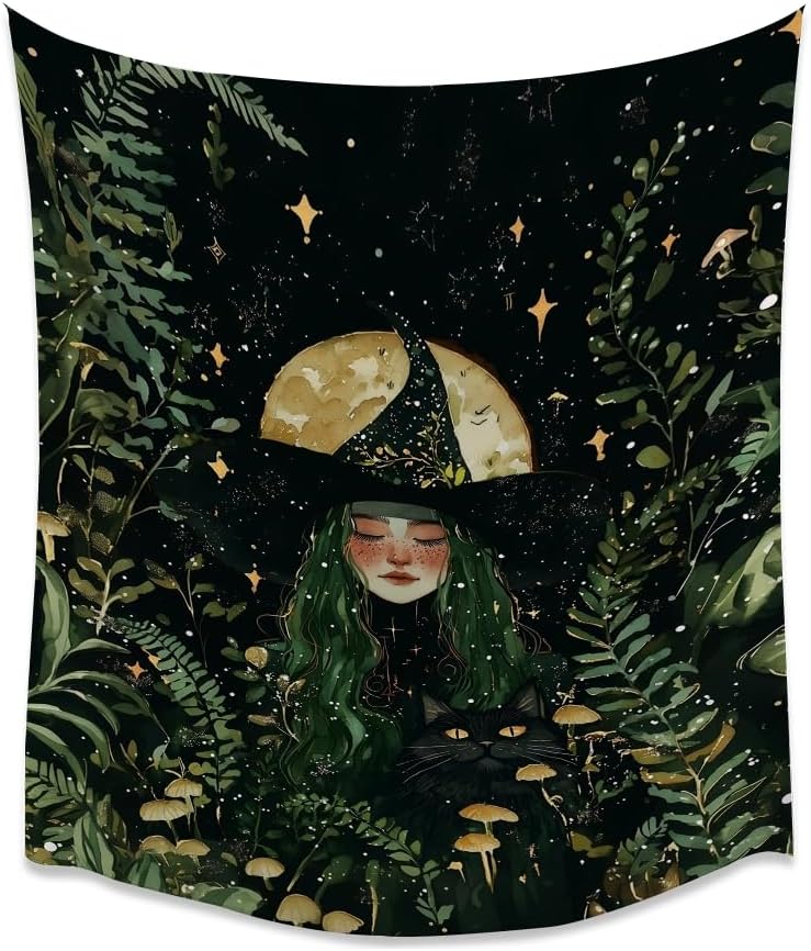 Moon Witch Tapestry Wall Hanging Mystical Botanical Green Print Dark Forest Witchy Decor Gothic Magical Black Cat and Moon Tapestries for Bedroom Living Room Dorm Decoration Aesthetic 70x90inch