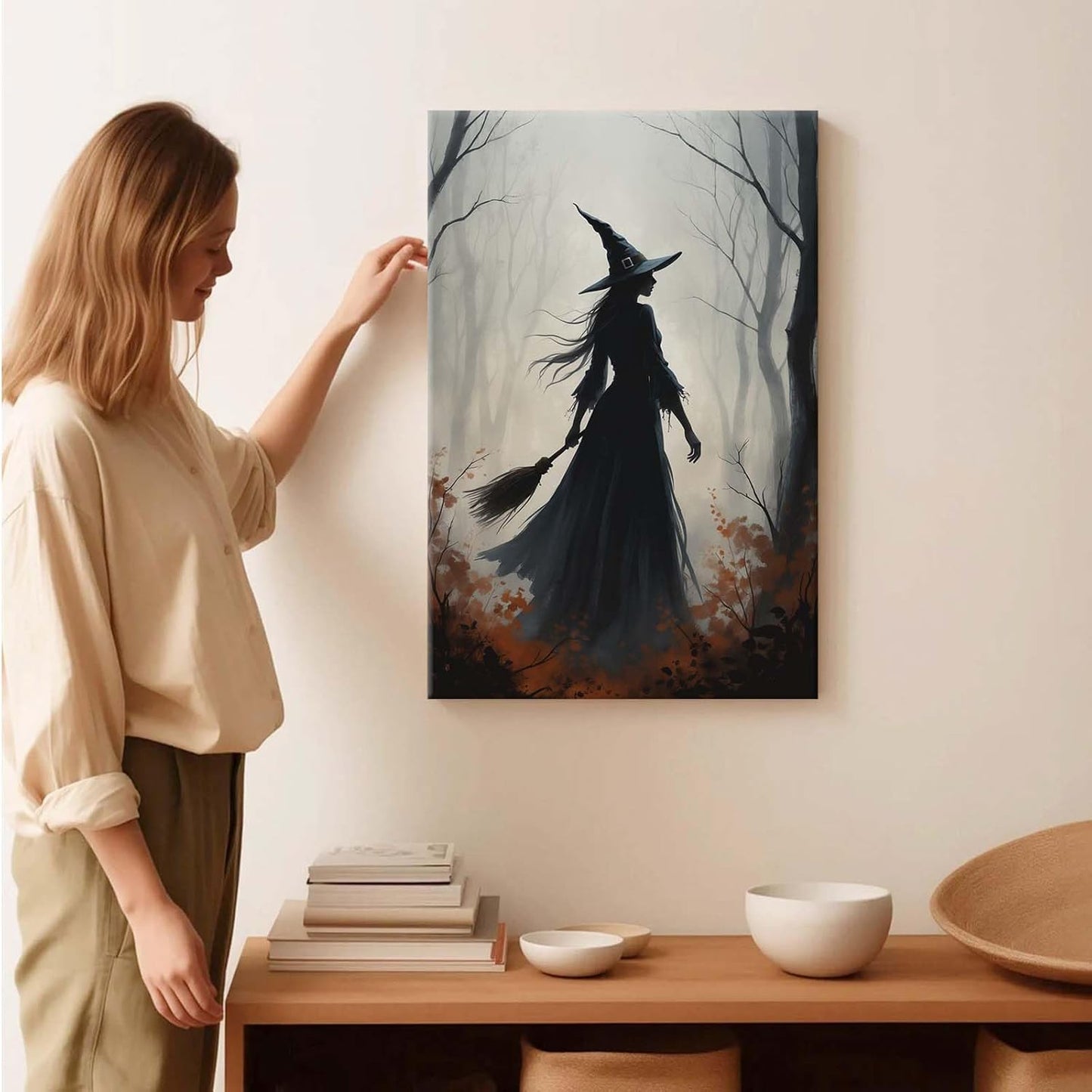 Vintage forest witch silhouette poster Halloween mural poster decoration mural art magic suitable for home living room bedroom28x40in Wood Framed