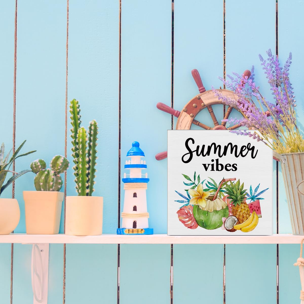 Oqtumes Summer Vibes Decorations Fruit Wooden Sign Rustic Home Decor 5 x 5 Inches