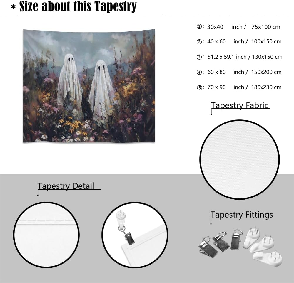 Halloween Ghosts in Wildflowers Tapestry Wall Hanging Spooky Cute Ghost Floral Tapestries Victoria Moody Artwork Aesthetic Print for Goth Living Room Bedroom wall Decor 40x60inch