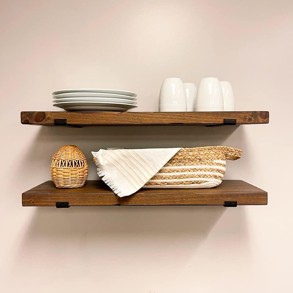 Rustic Shelves with J-Brackets Set of 2, Industrial Shelf, Kitchen Shelves, Solid Wood, Decorative Wall Storage, Heavy Duty, URBANDI (Provincial, 36Wx12D)