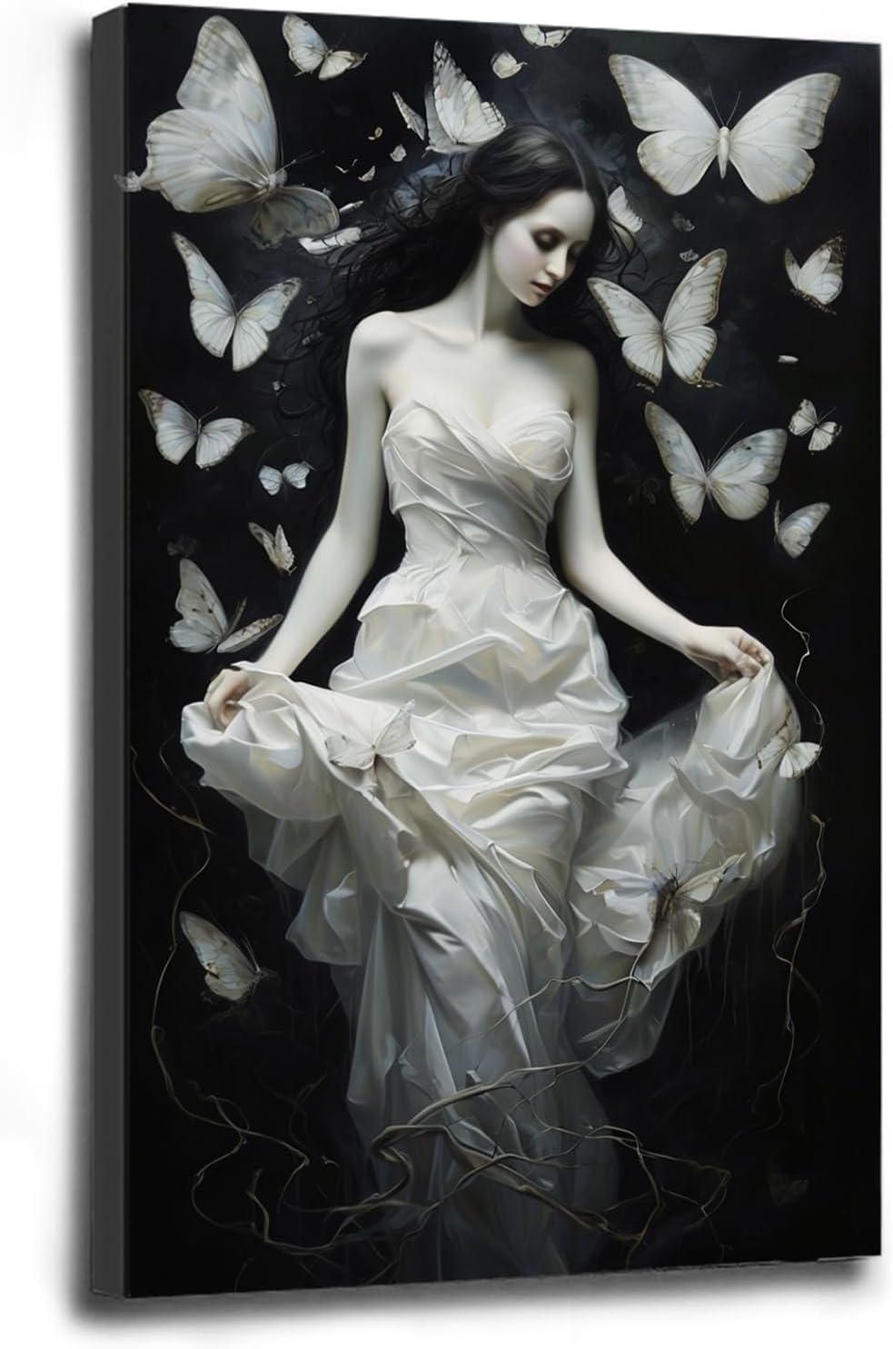 Vintage Gothic Feminine Canvas Wall Art Print Butterfly Poster Moody Preppy Wall Art Dark College Decor for Home Bedroom8x12in Wood Framed