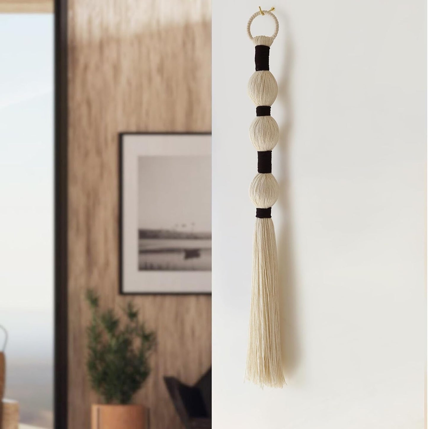 Macrame Wall Hanging Boho Wall Decor Small Sphericity Cotton Textile Tassel Hanging Fiber Yarn Art for Living Room Bedroom 27'' L x 2.3'' W