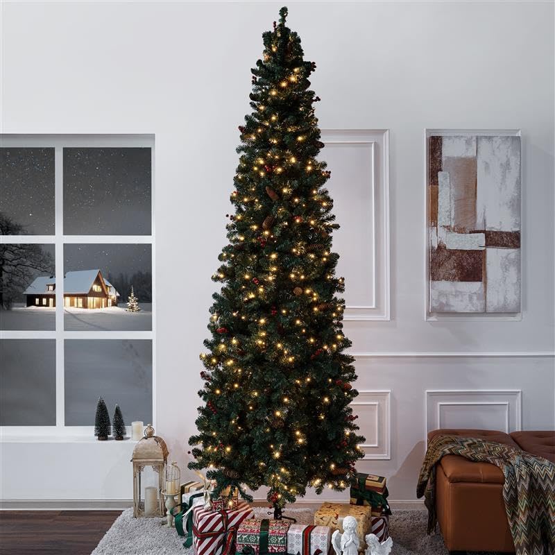 Naomi Home Belen 9ft Pencil Christmas Tree Prelit pre-Decorated with Pine Cones, Red Berries, 1457 Branch Tips, 500 Warm Lights and Metal Stand, 37" Wide Skinny Christmas Tree with Lights