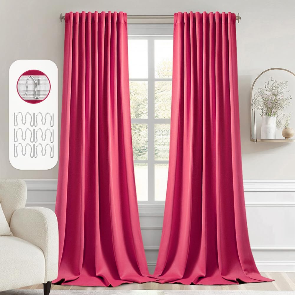MIULEE Hot Pink Back Tab Blackout Curtains 108 Inch Long 2 Panels Set for Bedroom, Rod Pocket/Pinch Pleat Extra Long Thermal Insulated Living Room Darkening Pleated Light Blocking Drapes