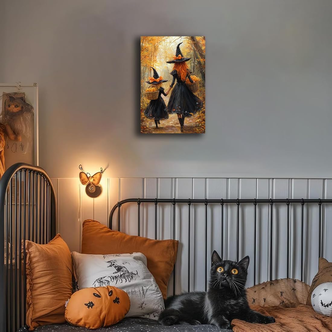 Mother Witch And Child Daughter Witch Wall Art,Halloween Autumn Woodland Forest Path Picture,Family Room Nursery Playroom Kids Room Decor,8"x12" Framed