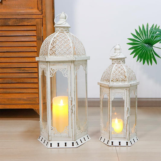JHY DESIGN Set of 2 Decorative Candle Lanterns 22"&17" H Outdoor Vintage Metal Candle Holder for Garden Living Room Indoor Parties Weddings Patio Home Decor(White with Gold Brush)