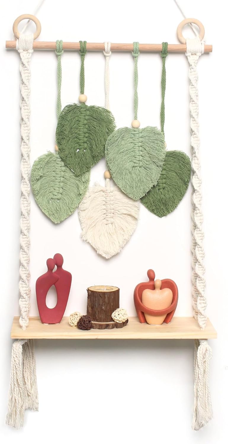 Macrame Wall Hanging Bohemian Woven Tapestry Chic Woven Leaf Tassels Decoration Handmade Wall Art Home Decor for Apartments, Dorms, Living Rooms, Bedrooms, Nursery Backdrop