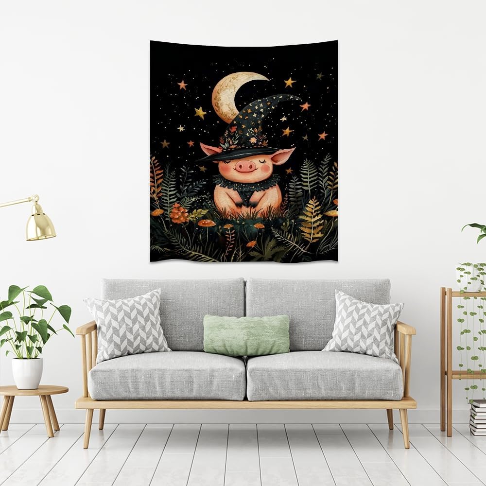 Whimsical Witch Pig Tapestry Wall Hanging Cute Farmhouse Animal Tapestry Aesthetic Moon and Stars Pictures Print Cottagecore Witchy Halloween Artwork Tapestries Decor for Living Room Bedroom 30x40inch