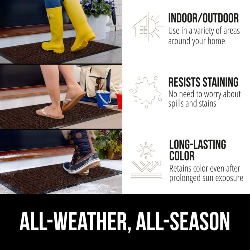 GORILLA GRIP 100% Waterproof All-Season WeatherMax Doormat, 47x35, US Designed Natural Rubber, Stain and Fade Resistant, Low Profile Indoor Outdoor Door Mats, Easy Clean Patio Mat, Coffee Squares