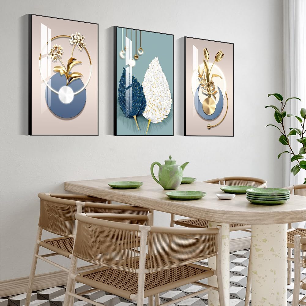 MPLONG Abstract Modern Minimalist Natural Framed Decorative Painting - Large Size Wall Art Set of 3 Wall Decor for Living Room, Bedroom, Dining Room, Office, etc. (Blue, 20 "X 28" X 3 pieces)