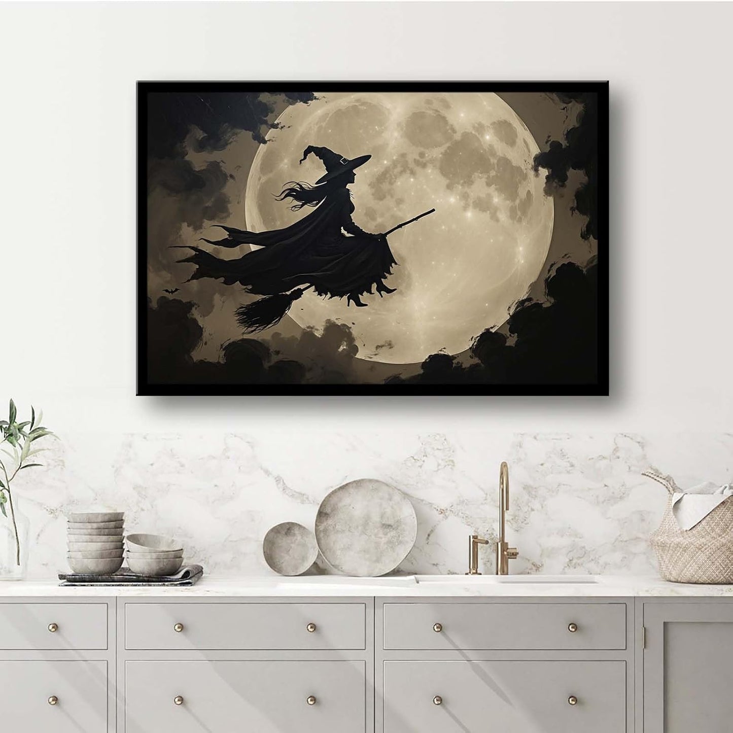 JFHCQJPK Full moon witch silhouette poster witch on magic broom Halloween mural poster decorative mural art suitable for home living room bedroom12x16in Metal blackFramed