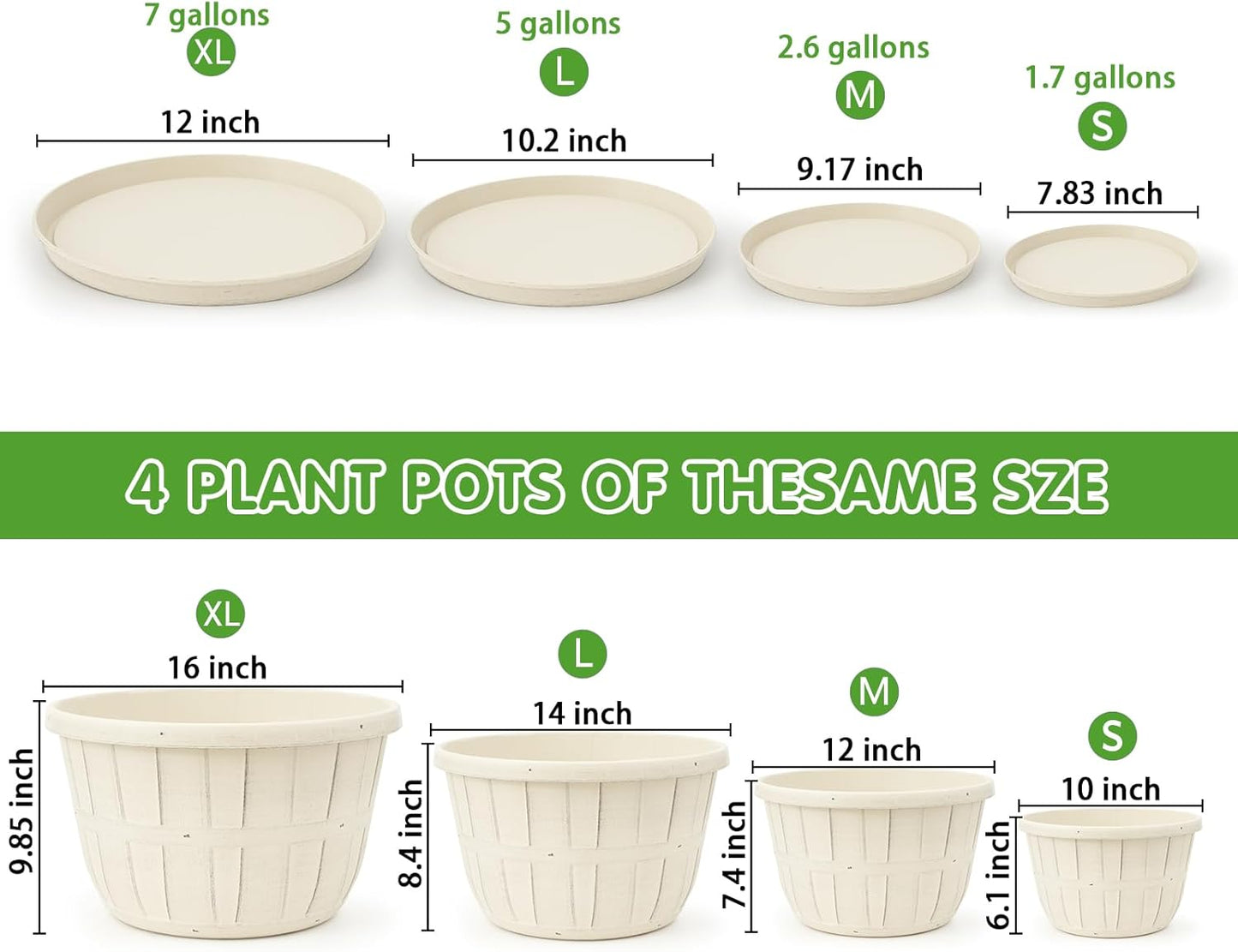 Quarut 12 Inch Large Planter Pot for Plants Indoor Outdoor, 4 Pack Plastic Flower Pots with Drainage Hole & Tray, Modern Decorative Garden Pot with Saucer, Plant Container for House（White）