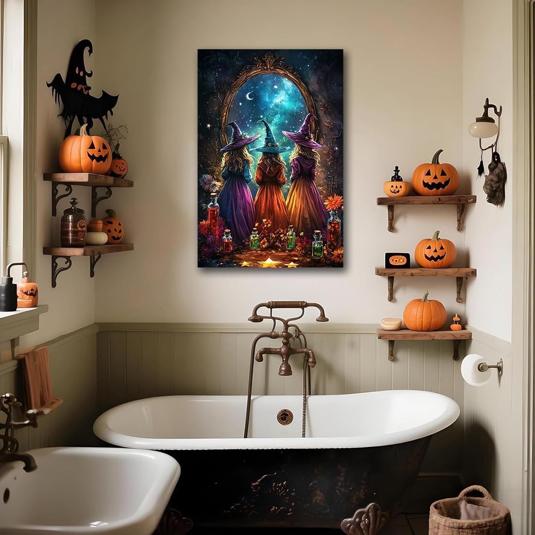 Witch Poster Halloween Fall Wall Art Decor,Three Witches with Magic Potion Mirror Colorful Vintage Print,Dark Academia Spooky Canvas Art Prints for Home Living Room,8"x12" Framed