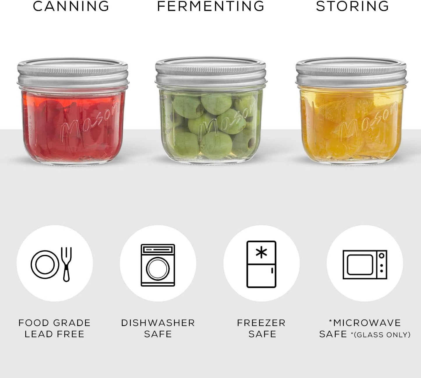 JoyJolt 8 Oz Mason Jars With Lids, Labels and Measures! 6-Pack Wide Mouth Mason Jars, Glass Jar with Lid and Band. Airtight Canning Jars, Overnight Oats Jars, Salad Jars, Sourdough Starter Jar