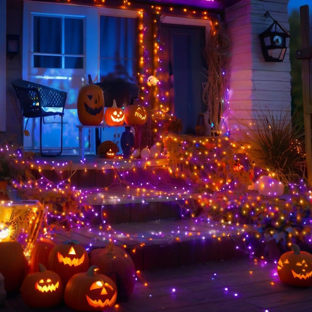 75.8 FT 200 LED Orange and Purple Halloween Tree Lights Indoor Outdoor, Extendable Halloween Led String Lights with Memory Function & Timer & 8 Modes, Waterproof Twinkle Light for Horror Party Decor