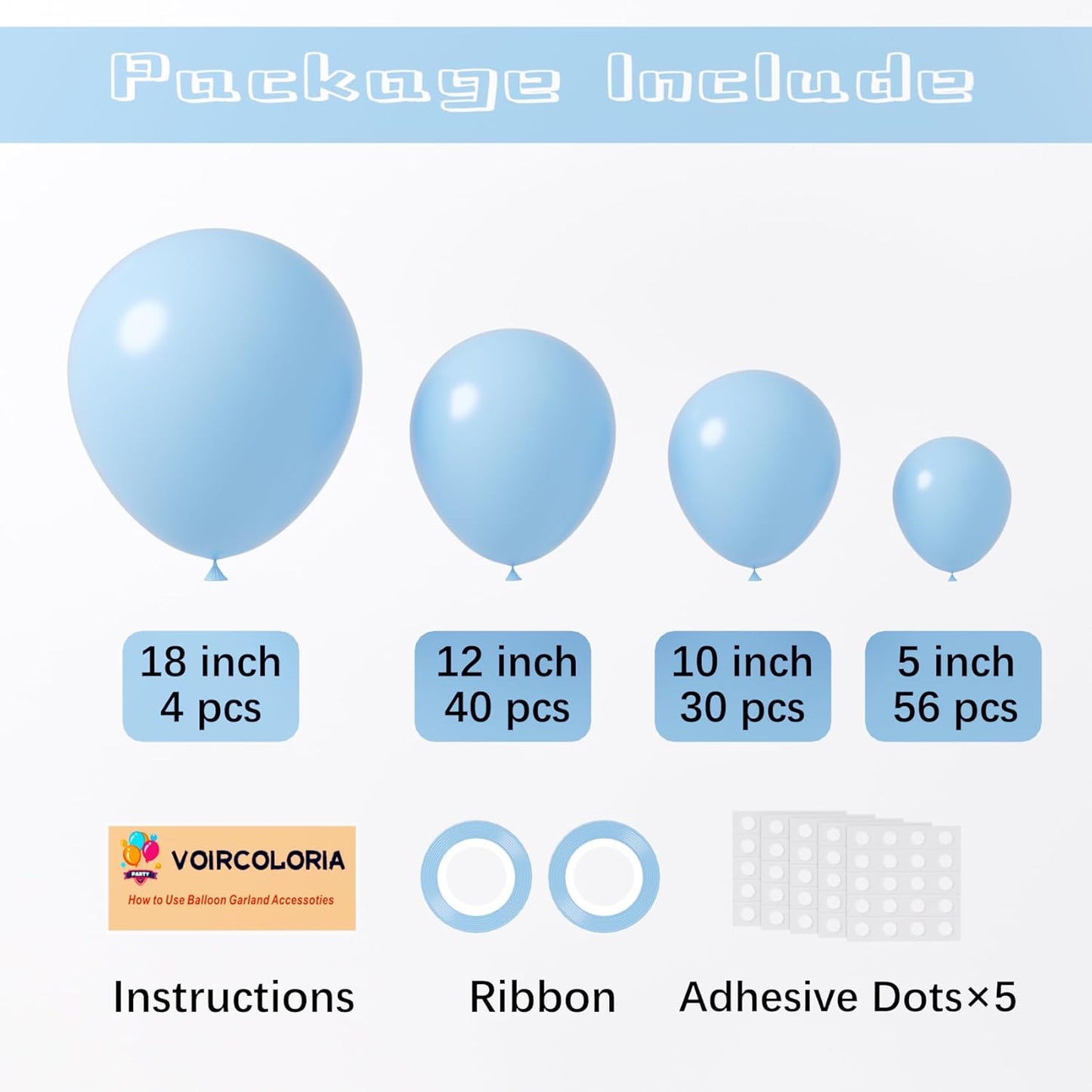 130pcs Light Blue Balloons Different Sizes 18" 12" 10" 5" Baby Blue Balloons for Boys Girls Birthday Baby Shower Gender Reveal Wedding Children's Day Decorations