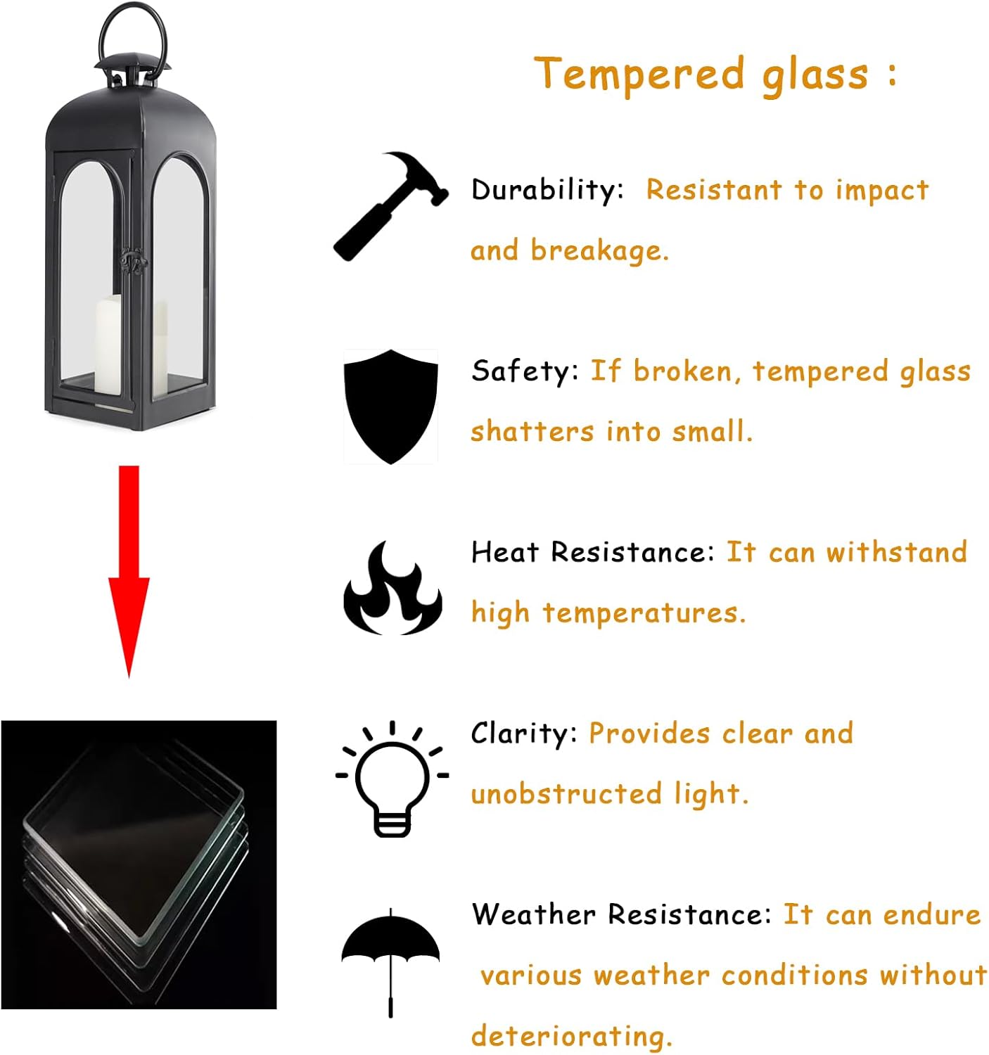 Bdor 16 Inches Metal and Stainless Steel Glass Decorative Lantern with Electronic Wax Effect - Indoor/Outdoor Decorative Lighting, Handcrafted Aesthetic, Perfect for Home, Parties, and Holiday Decor