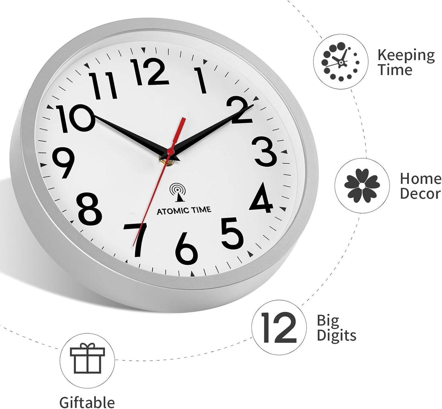 Atomic Wall Clock Analog 12 Inch Battery Operated Modern Decorative for Living Room Kitchen Office Bedroom Bathroom(Silver)